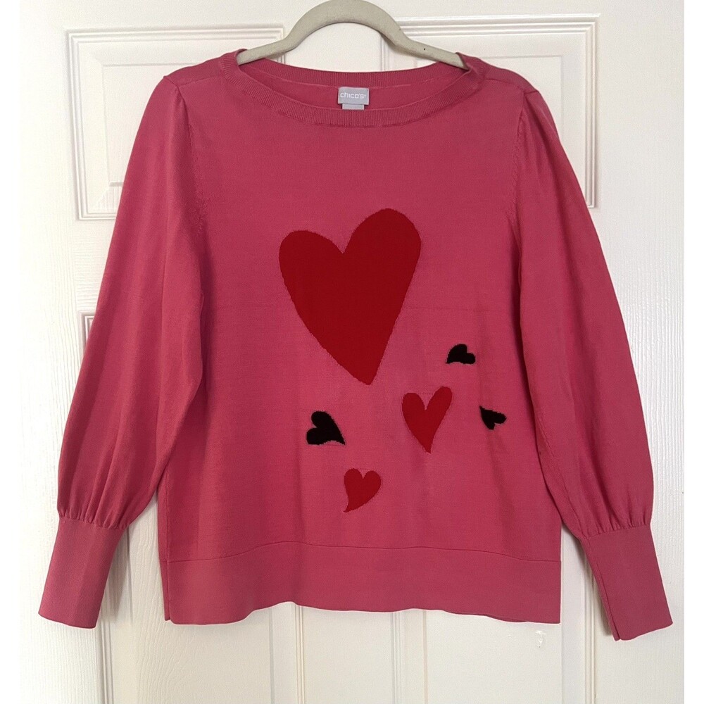 Chico's Women's Size 2 US L Hearts Pullover Sweater Pink Long Sleeve Coquette